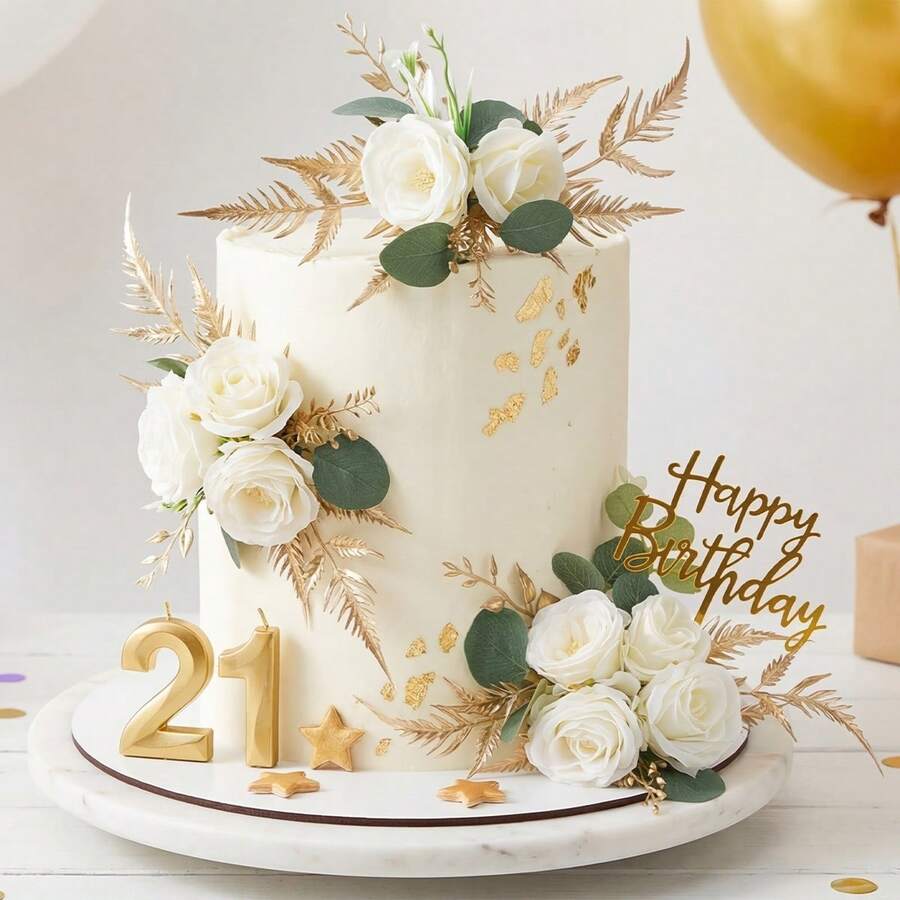 3PCS Artificial Flowers Cake Flowers Decor Set - Wedding Cake Topper, Fake Floral Arrangement For Anniversary, Birthday Party Decorations - Elegant Cake Flowers For Wedding, Home Decor Valentine's Day Party & Special Events Table Decor - 白色 - 查看 1