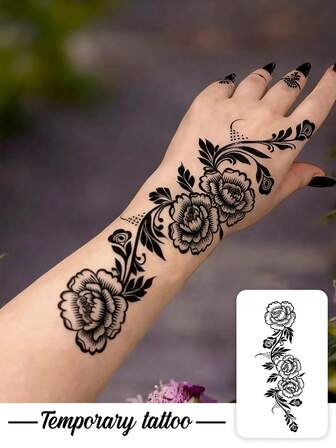 Ein Valentinstag Henna Temporäres Tattoo Aufkleber, wasserfest und schweißfest, schwarze Rose Blume Henna Rebe, lebendige und modische Hand Nagel Kunst Fake Tattoo, Pflanze Fake Tattoo - Temporäres Tattoo - Beliebt und geeignet für Geburtstage, Hochzeiten, Partydekorationen, hält 3-5 Tage.