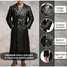 Men's Double-Breasted Black Leather Trench Coat - Vintage German Classic Military Officer Uniform Long Jacket - Black - View 2