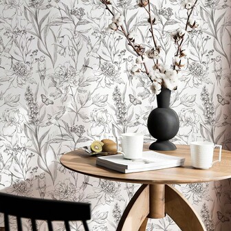 1卷复古花鸟自粘墙纸，花鸟主题，白色手绘花鸟装饰，浴室墙纸，即撕即贴墙纸，家具翻新膜，可移除墙贴，防水防潮，墙面艺术壁画，适用于卧室、客厅、玄关、餐厅、书房、橱柜、台面、抽屉、衣柜等家居装饰和家具翻新，易于裁剪和安装，图案无缝拼接。