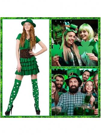 St. Patrick's Day Socks Knee-High Clover Long Socks Cute Women's Novelty Socks, Green Clover Over-The-Knee Socks St. Patrick's Day Party Striped Socks, Costume Socks, Party Socks