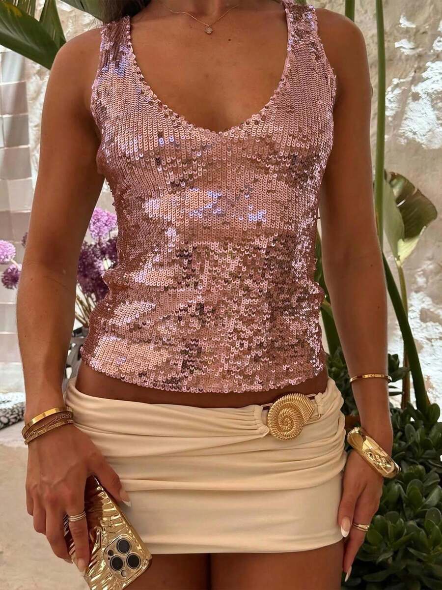 Womens Shiny Sequin Crop Tank Top, V Neck Sleeveless Party Streetwear Top - 粉色 - 查看 1