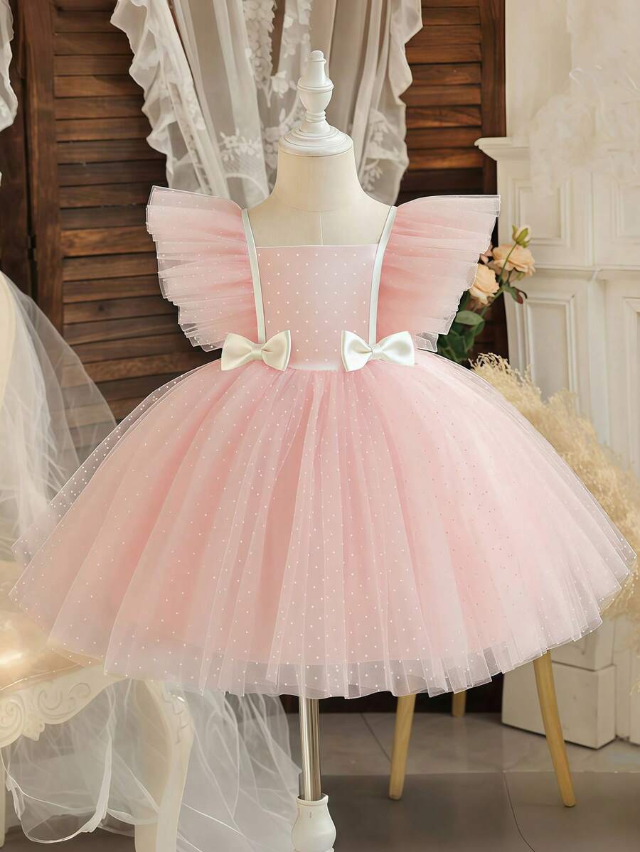 Baby Girls Cap Sleeve Polka Dot Bow Princess Tulle Dress, Suitable For 1st Birthday Gift, Party, Wedding, Festival Celebration Outfit - Pink - View 1