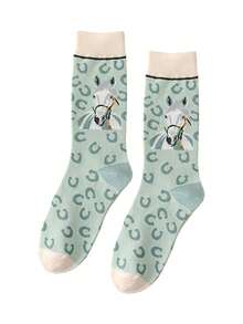 1 Pair Of Whimsical Horse & Horseshoe Printed Mid-Length Socks - Elastic & Comfortable Polyester Spandex Blend Socks With Soft Mint Accents, Cute Equestrian-Themed Socks, Top Choice For Horse Enthusiasts