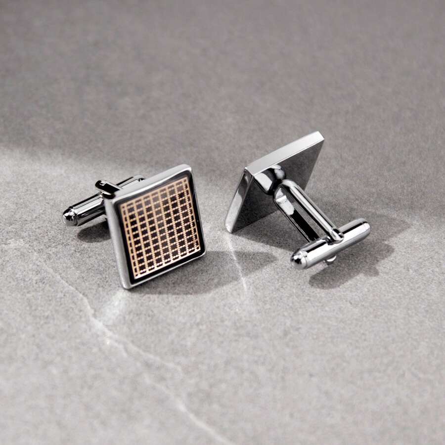 1 Pair Brown Square Checkered Pattern Copper Alloy Cufflinks, Fashionable For Parties And Gatherings