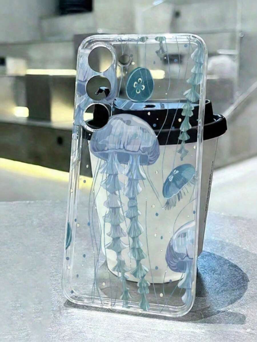 1pc Jellyfish Print Pattern Fingerprint-Resistant Transparent TPU Soft Phone Case With Camera Lens Protection, Compatible With Apple, Nothing, Pixel, INFINIX, Redmi - Multicolor - View 1