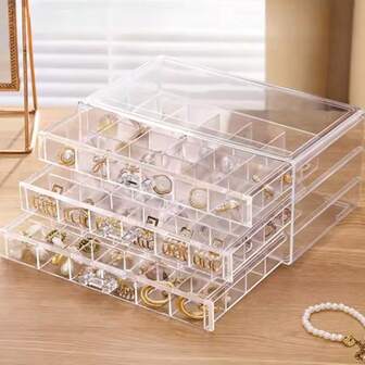 1pc Stackable 3-Layer Necklace Organizer Box - Wooden Jewelry Storage Case With Pull-Out Drawers For Rings, Earrings, Necklaces - Desk And Drawer Multi-Compartment Jewelry Holder For Girls, Women