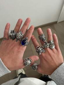 9pcs Gothic Skull Rings, Abnormal Beast Pattern Thick Knuckle Rings, Men's Personalized Charm Jewelry, Holiday Gift