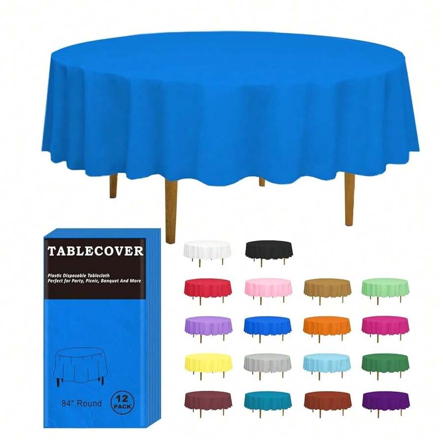 Mantel de plástico desechable D&Z, paquete de 12 manteles azules envueltos individualmente para uso en interiores y exteriores, para llevar, cubierta de mesa de 84" para mesa redonda, ideal para fiestas, picnics, cumpleaños, bodas y cenas - Azul - Ver 1