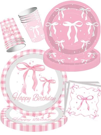 10Pcs Pink Gingham & Bow Birthday Party Supplies Set - 'Happy Birthday' Pattern Disposable Paper Plates Cups & Napkins | Girls' Princess Birthday Party Decorations For Kids' Celebration | Festive Sweet Pink Themed Tableware Set For Teen Girls' Birthday Gathering Favors & Cute Home Birthday Party Decor Essentials