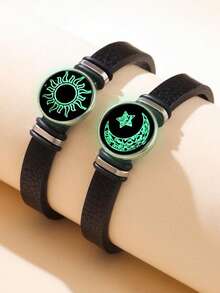 2件套情侣PU皮手链，女士情侣夜光日月结吊坠手链，友谊情侣派对饰品礼物 - 情侶 - 查看 4