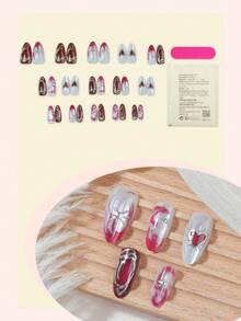 Valentine's Day Heart-Shaped Acrylic Nails 24Pcs Holographic Medium Almond Press On Nail Tips, Y2K Red Cat Eye Fake Nail Set, DIY Art Silver Chrome/Star Decorations, Suitable For Nail Salons Girls And Women Nail Supplies Daily Wear, Holiday Parties And Gifts - Multicolor - View 2