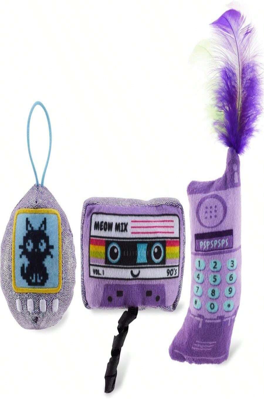 Catstages So Meowsome 90s Cat Toys, 3-Pack Catnip Plush Toys With Crinkle, Feathers &Amp; Dental Mesh, Multicolored - ColorH - 查看 1