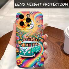 1PC Phone Case ,  Rainbow Sun Moon Van Flowers , Stylish Phone Case, Phone Decoration, All-around Lens Protection, Creative Small Gift, Funny Gift for Boys and Girls - Negro - Ver 4