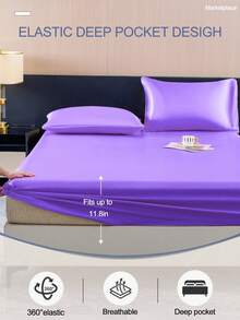 2/3件套纯色紫色缎面床笠套装，仿丝绸质感，含1个床笠和1/2个枕套（不含枕芯），现代柔软床上用品套装，适用于家用特大号、大号、标准双人床、单人床等多种尺寸，床笠深度可达11.8英寸，透气防皱，提升睡眠质量，可机洗。 - 紫羅蘭色 - 查看 5