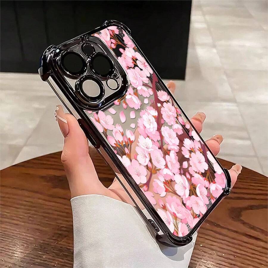 1pcs Pink Cherry Blossom Phone Case Compatible With Apple Phone17ProMax 16 15 14Plus 11 12 13 ProMax Xs Max XS X, Antidrop Phone Case, Camera Protection Phone Case, Vintage, Minimalist Aesthetic, Cute, Elegant, Can Be Given To Friends, You Can Give It To Yourself - 黑色 - 查看 1