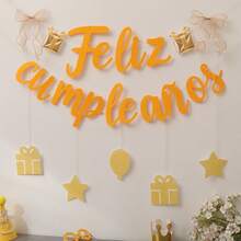 Colorful Pink Green Retro "Feliz Cumpleanos" (Happy Birthday In Spanish) Party Backdrop Wall Decor Pennant Hanging Banner - Multicolor - View 6