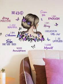 1pc Girl Silhouette English Slogan Butterfly Wall Sticker, Removable Matte Self-Adhesive Wall Decal For Living Room, Bedroom, Kids Room, Home Decor, Spring Decoration, Gift - Multicolor - View 5