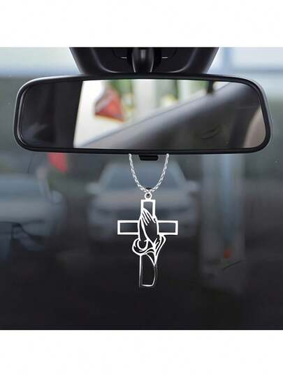 Stainless Steel Cross Car Pendant, Titanium Steel Ornament, Religious Prayer Believer Titanium Steel Rearview Mirror Hanging Decoration