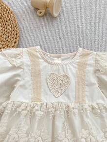 韩版女童春秋季刺绣网纱荷叶边连体连衣裙，公主爱心设计 - 杏色 - 查看 4