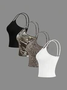 Set de 4 bucăți de topuri scurte sexy pentru femei, spate fără bretele, decoltat, croială slim fit, potrivit pentru primăvară/vară, absolvire, ședințe de profesori, îmbrăcăminte sport, birou, stil casual stradal - Multicolor - Vizualizare 3