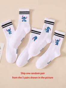 1 Pair/5 Pairs/10 Pairs Women's Mid-Calf Socks - Disney Stitch Pattern, Couple Mid-Calf Socks, Two-Stripe Sports Mid-Calf Socks, Versatile Style, Suitable For Daily Wear And As Holiday Gifts - Multicolor - View 12