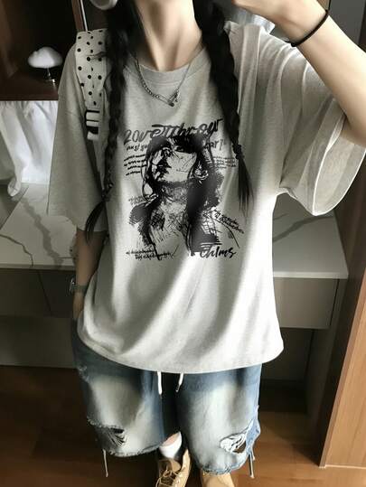 Y2K 韩式暗黑涂鸦印花灰色T恤