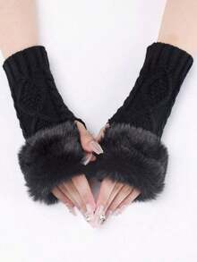 1 Pair Women's White Short Knitted Fingerless Gloves With Fur Edge, Autumn & Winter Warm Fashionable Arm Warmers - màu đen - Xem 6