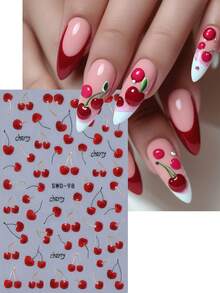 2片装3D超可爱多汁樱桃美甲贴纸，DIY水果美甲贴纸，自粘式，DIY美甲装饰，美甲配件，适合女性和女孩，情人节，婚礼美甲设计用品 - 紅色 - 查看 4