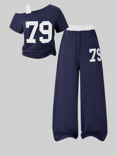 Sweet & Spicy Girl Slouchy Asymmetrisk Axel Kortärmad T-shirt Set, Digitalt Tryck Asymmetrisk Axel Kortärmad Topp Med Byxor, Lämplig För Sommar Vardagskläder, Shopping, Resor, Campus