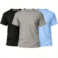 Set Of 3 Men's Basic Plain T-Shirts, 100% Cotton, 30.1 Mm - 黑色/灰色/淺藍色 - 查看 1