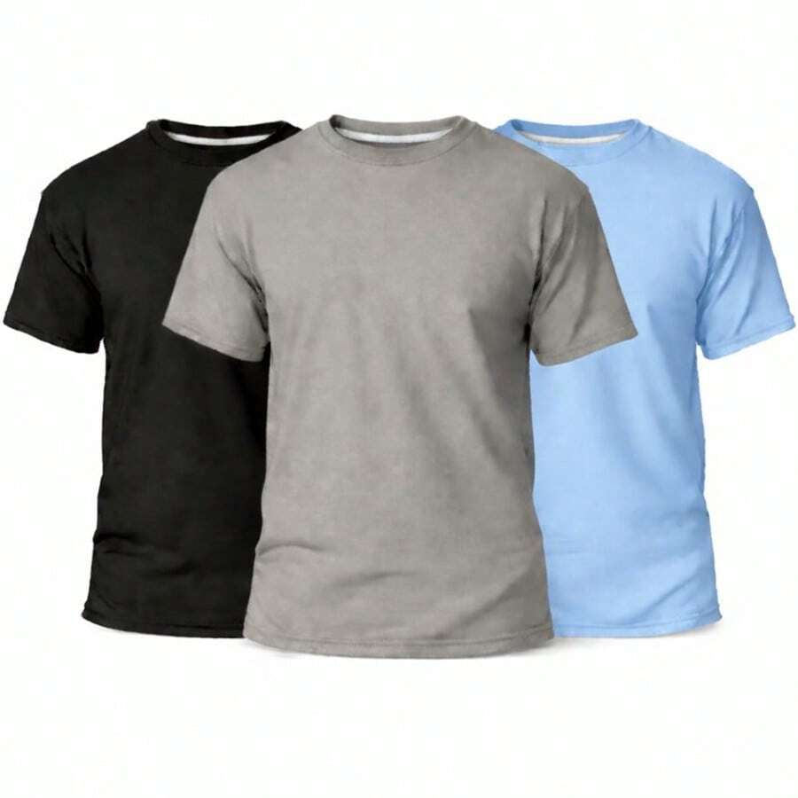 Set Of 3 Men's Basic Plain T-Shirts, 100% Cotton, 30.1 Mm - 黑色/灰色/淺藍色 - 查看 1