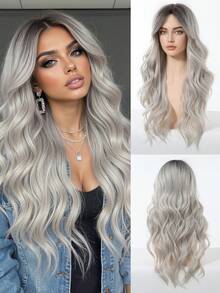 24 Inch Long Wavy Ombre Gray Wig With Bangs, Long Curly Synthetic Hair Wig, Heat Resistant, Suitable For - Grey - View 12