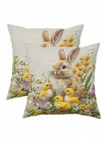 1/2/4pcs Modern Rabbit & Chick Embroidered Throw Pillow Covers, 17.7x17.7 Inches, Polyester Fabric, Machine Washable, Zipper Closure, Woven Decorative Cushion Covers, Suitable For Various Rooms, Easter Home Decor, Autumn Decoration, Room Decor - Beige - View 7