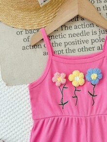 2pcs Girls' Summer Floral Decor Ribbed Knit Jumpsuit, Children Pink & Purple Beach Holiday Loose Romper - Multicolor - View 4