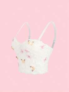 Áo hai dây ren hình bướm dễ thương, họa tiết hoa nhí, có đệm mút, kiểu croptop hở lưng, áo hai dây gợi cảm khoe eo, thích hợp mặc thường ngày. - trắng - Xem 4