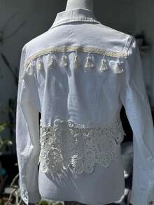 Women's Fashionable Lace-Trimmed Short Denim Jacket, With Lace Craftsmanship And Tassel Pendants, Casual White Denim Top, Suitable For Spring And Autumn. - 白色 - 查看 8