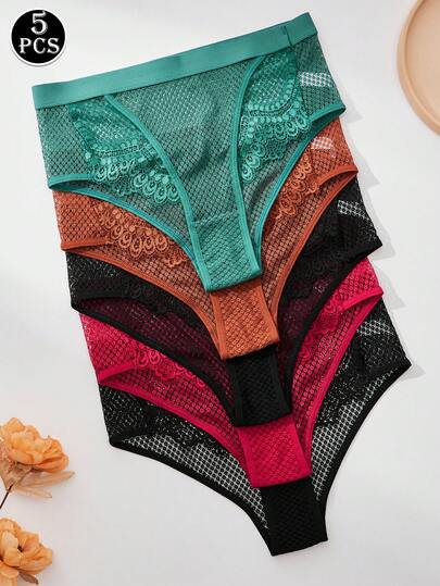 5-Piece Set Of Women's Briefs: Lace-Trimmed Solid-Color Panties