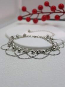 1pc Fashionable Multi-Layer Wavy Tassel Small Bell Anklet, Barefoot Anklet Jewelry Accessory For Women & Girls, Suitable For Dance Costumes Decoration