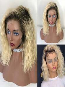 Ombre Brown Roots Ash Blonde 250 Density Deep Wave Bob Lace Front Wigs Human Hair Pre Plucked Glueless Natural Hairline Ready To Go Brazilian Virgin 13x4 HD Transparent Short Curly Human Hair Wig For Women With Baby Hair - Ombre Blonde - View 8