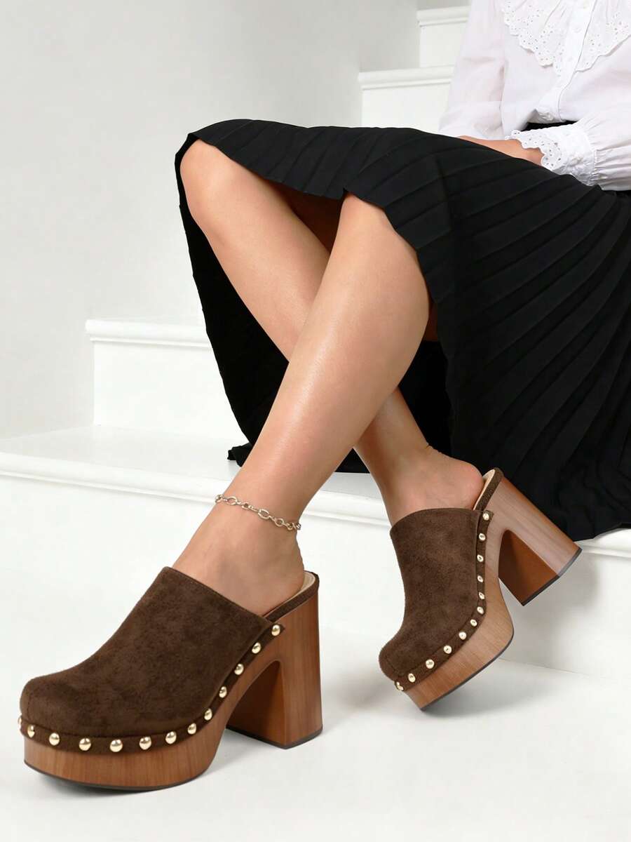 Slingbacks Mules Pumps Suede Slip On Chunky High Heel Slippers Women Rivet Fashion Cosplay Casual Shoes Woman Wedding Day Gift - màu nâu - Xem 1