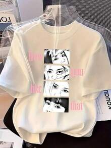 Camiseta de fanático de K-POP para mujeres - Camiseta gris oscuro con texto rosa - Camiseta casual de ajuste holgado para conciertos - Lencería lavable a máquina para fans de grupo - Atuendo diario y ropa para eventos, mercancía de fans, camiseta gráfica de moda, ajuste cómodo, atuendo de fiesta, diseño de moda, material duradero, camiseta de manga corta, amantes de la música - Blanco - Ver 1