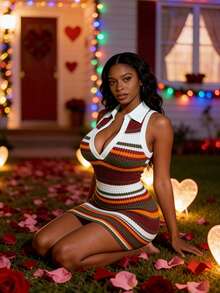 Elegant Women Cable Knit Sweater Dress, Long Sleeve Short Knit Top Set, High Elasticity, Suitable For Winter Party Wear - MultiWarna - View 2
