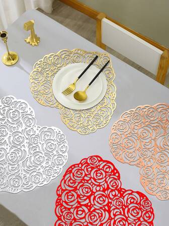 1/4/6개 발렌타인데이 장미 꽃 하트 모양의 플레이스매트, 웨딩 파티 식탁 장식 플레이스매트, 원형 테이블 센터 꽃병 패드, 데이트 나이트 저녁 식사 플레이스매트, 방수 플레이스매트, 부활절, 추수감사절, 어머니날 플레이스매트