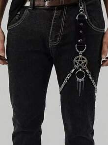 1pc Unisex Punk Chain Leather Leg Strap Decor, Personalized Leather Thigh Garter, Rock Punk Leg Wrap Pants Chain Leather Pendant - Black - View 1