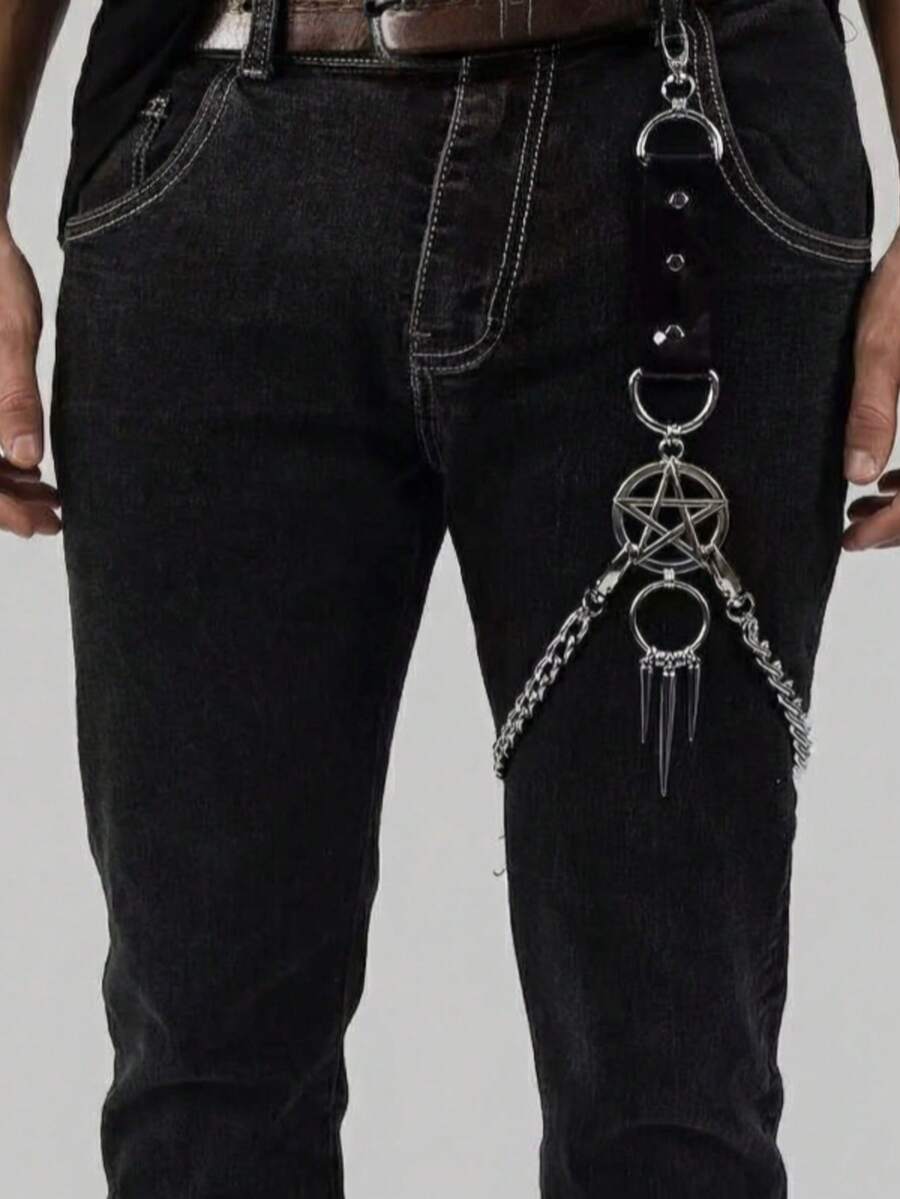 1pc Unisex Punk Chain Leather Leg Strap Decor, Personalized Leather Thigh Garter, Rock Punk Leg Wrap Pants Chain Leather Pendant - Black - View 1