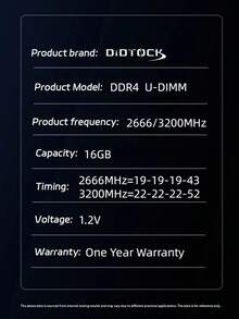 DiDTOCK 台式机内存 DDR4 16GB 2666MHz 3200MHz 1.2V CL19 CL22 PC RAM DIMM 无散热片 - 黑與白 - 查看 8