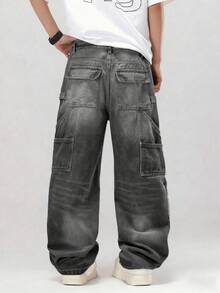 Quần ống rộng dáng rộng, nhiều túi, chất liệu denim giặt cổ điển dành cho nam, đa năng và phong cách, thích hợp làm quà tặng cho bạn trai/chồng - Xám - Xem 2