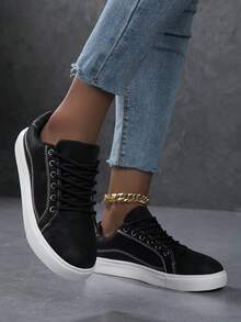 Women's Casual Sneakers, Fashion Streetwear White Shoes, Lightweight Skateboard Shoes - Black - View 5