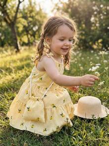 BASUSARRI 女童碎花拼接吊带公主裙配同款迷你包，可爱简约度假风 - 黃色 - 查看 3